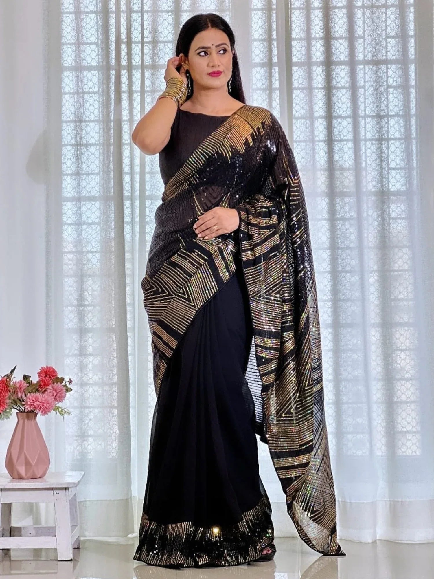 Black Black Party Wear Georgette Embellished Saree