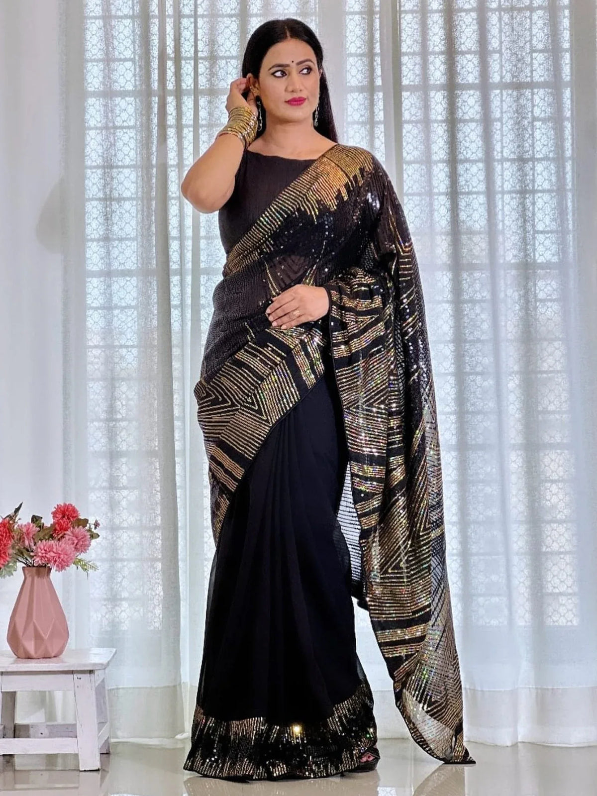 Black Black Party Wear Georgette Embellished Saree