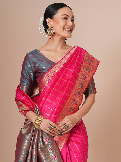 Pink Banarasi Silk Blend Woven Saree