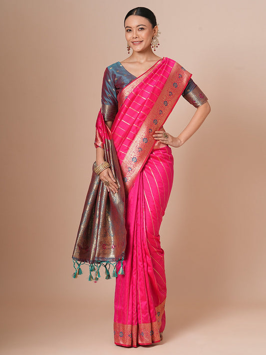 Pink Pink Banarasi Silk Blend Woven Saree