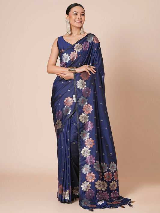 Blue Navy Banarasi Silk Blend Woven Saree