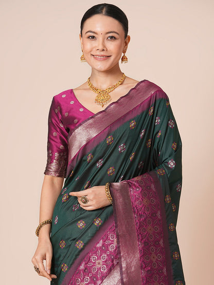 Green Banarasi Silk Blend Woven Saree