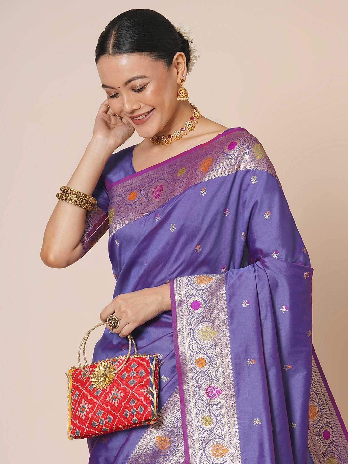 Lavendar Banarasi Silk Blend Woven Saree