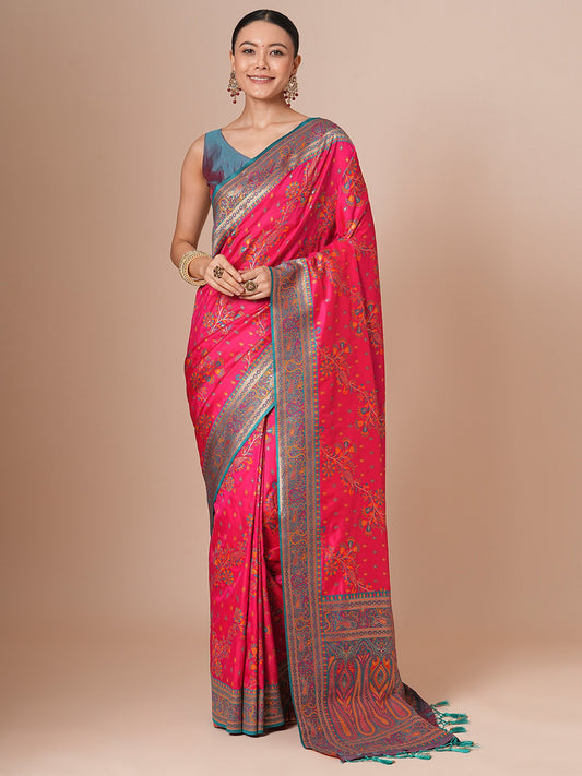 Pink Pink Banarasi Silk Blend Woven Saree