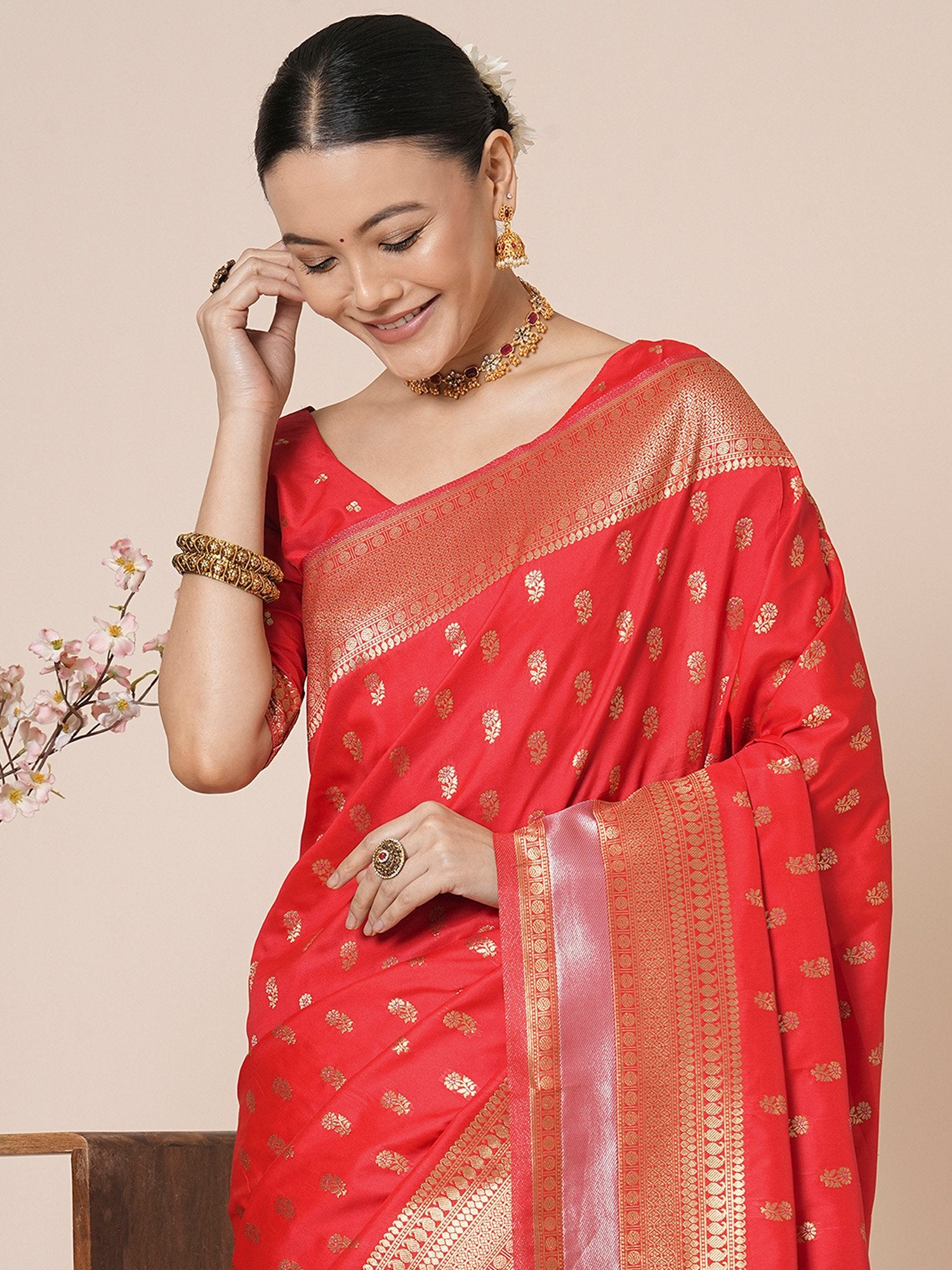 Red Banarasi Silk Blend Woven Saree