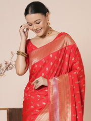 Red Banarasi Silk Blend Woven Saree