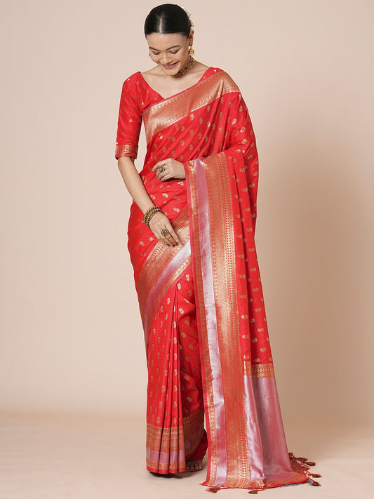 Red Red Banarasi Silk Blend Woven Saree