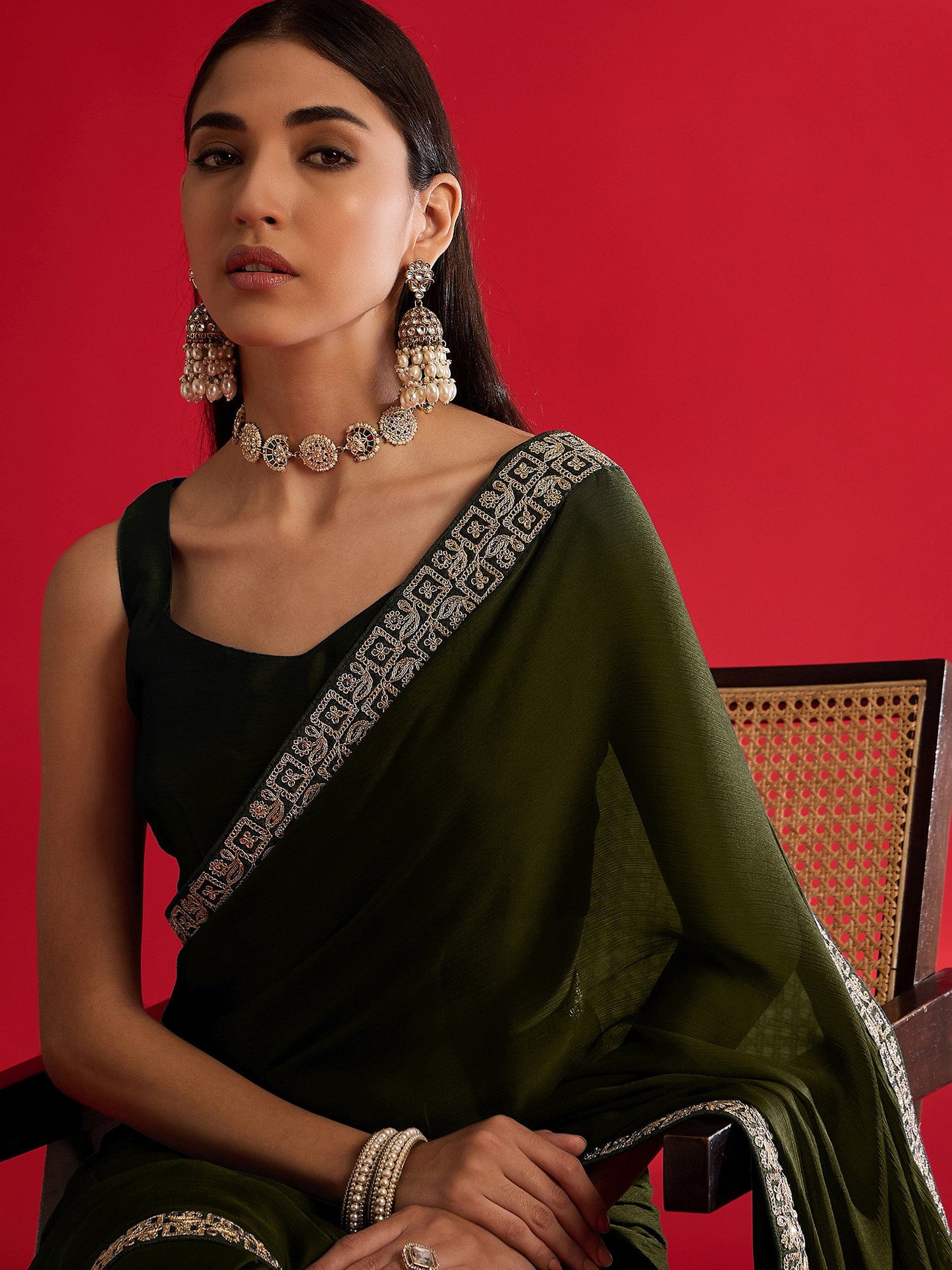 Olive Party Wear Satin Embellished Saree