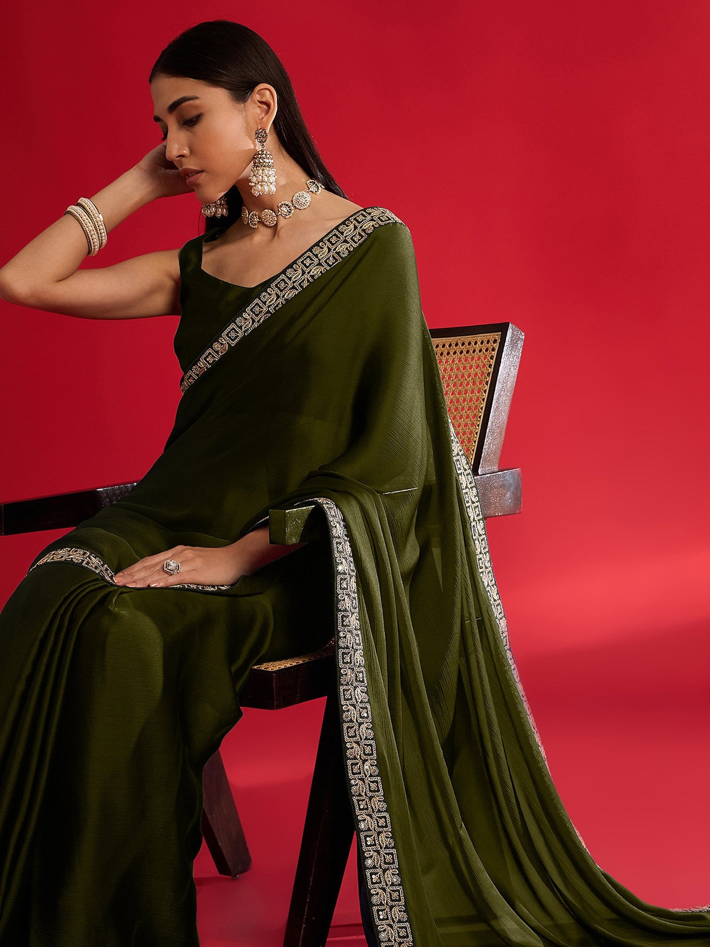 Green Olive Party Wear Satin Embellished Saree