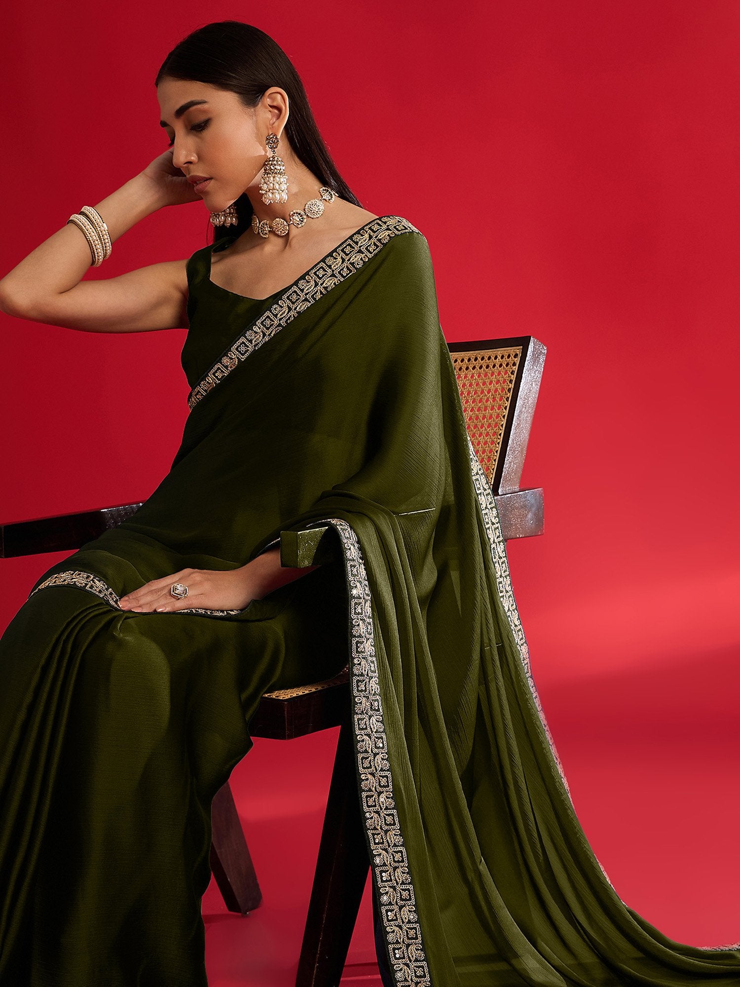 Green Olive Party Wear Satin Embellished Saree