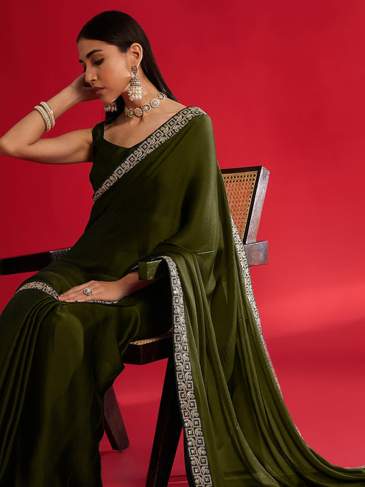 Green Olive Party Wear Satin Embellished Saree