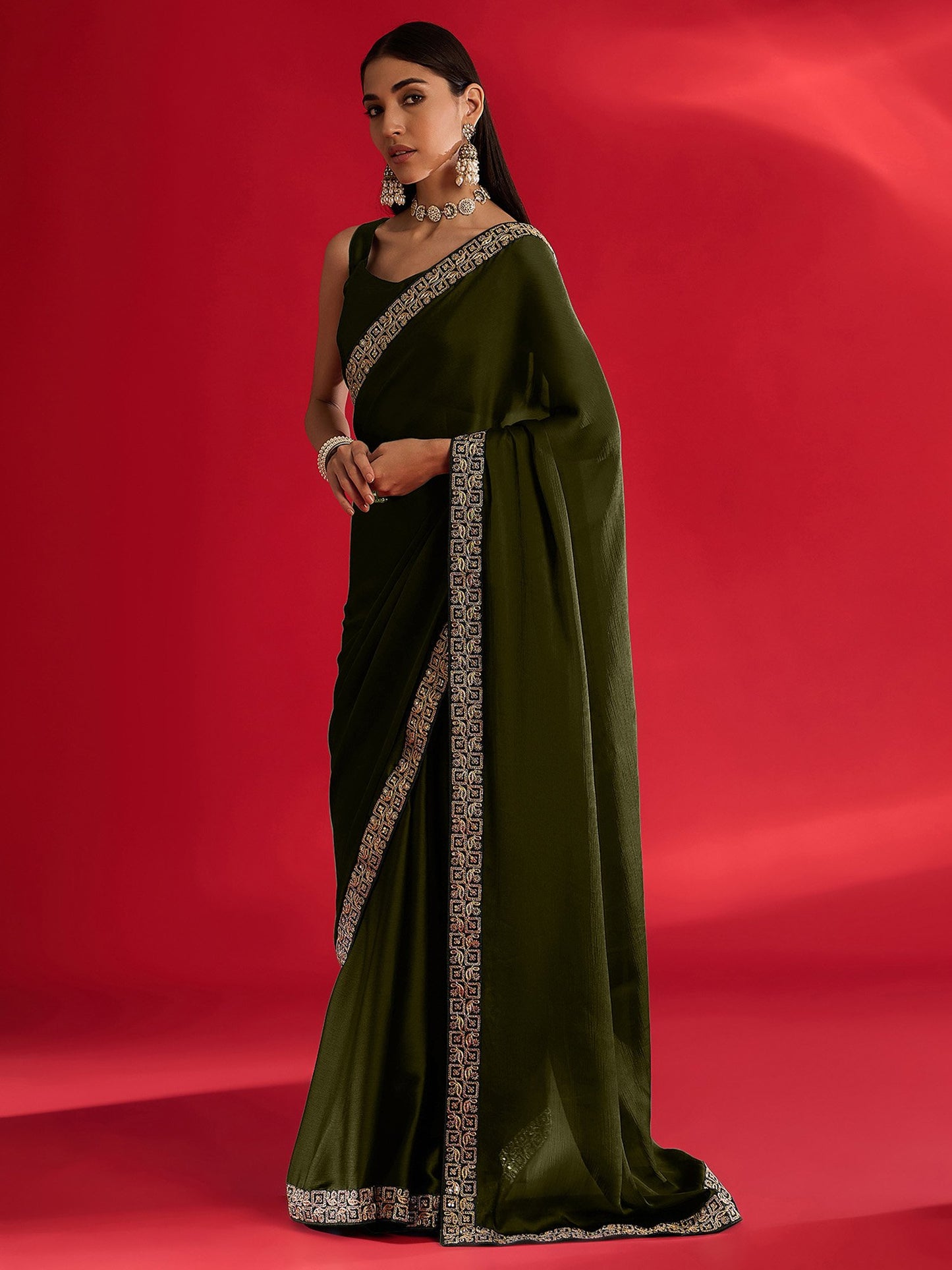 Olive Party Wear Satin Embellished Saree