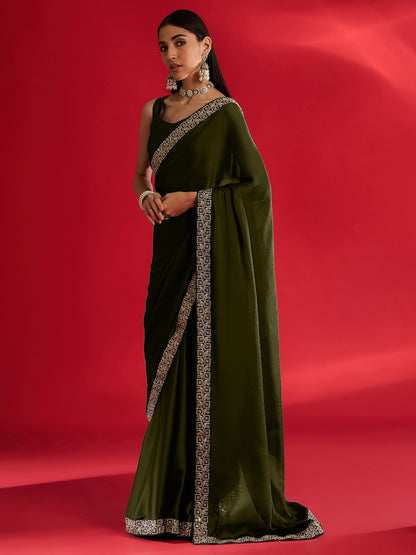 Olive Party Wear Satin Embellished Saree