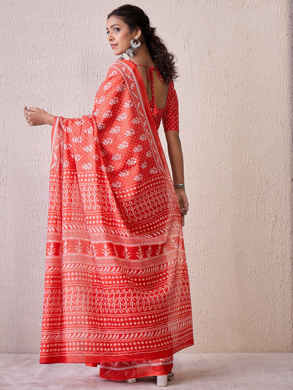 Red Block Print Cotton Blend Printed Saree
