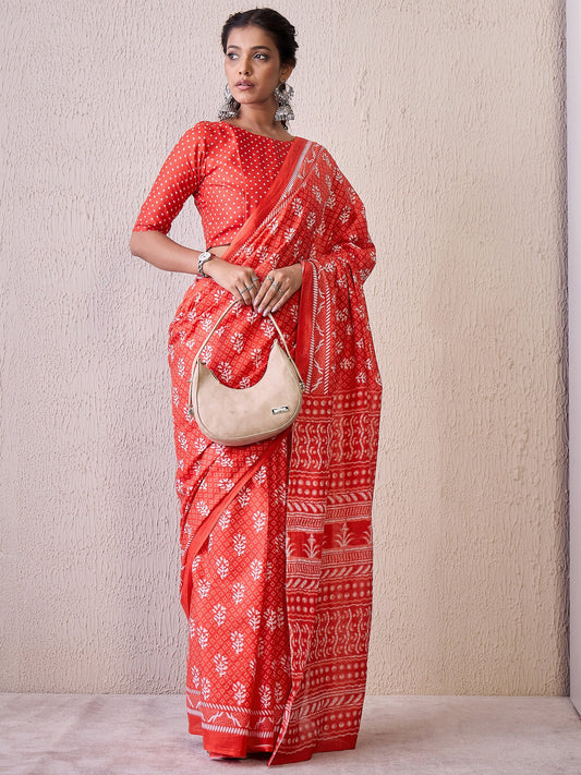 Red Red Block Print Cotton Blend Printed Saree
