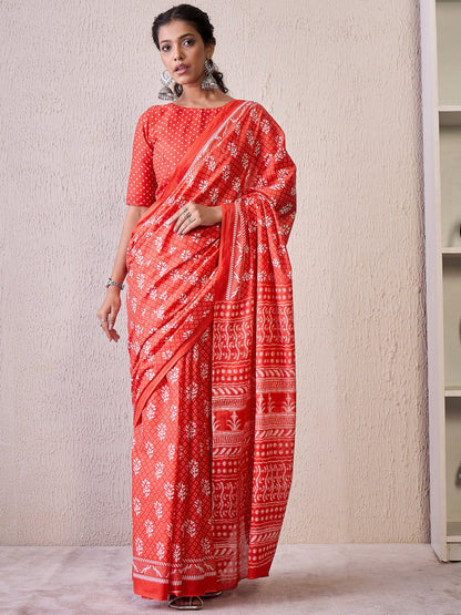 Red Block Print Cotton Blend Printed Saree