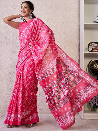 Pink Bandhani Cotton Blend Printed Saree