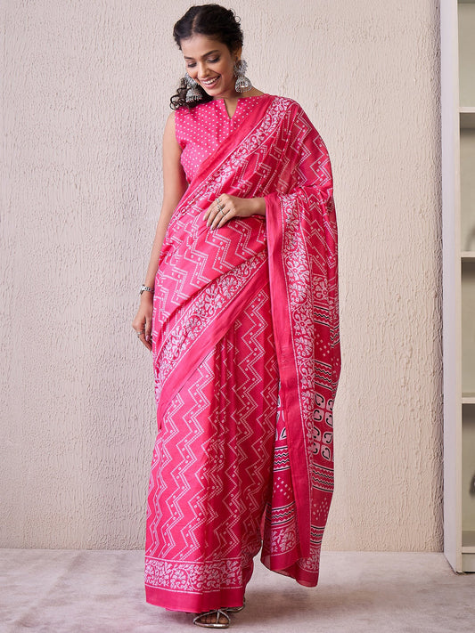 Pink Pink Bandhani Cotton Blend Printed Saree