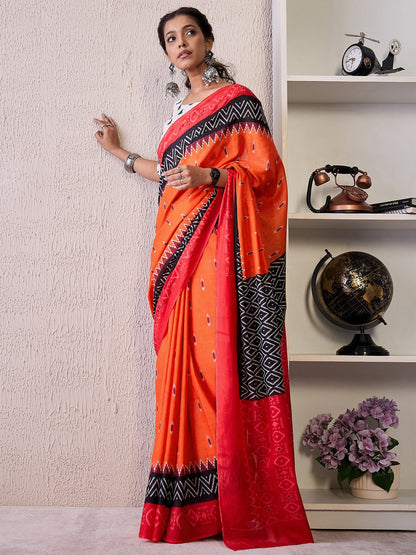 Orange Orange Pochampally Cotton Blend Printed Saree