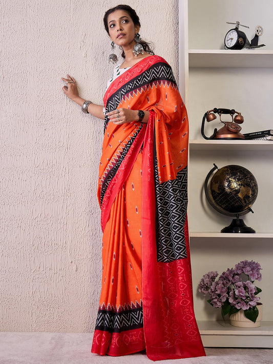 Orange Orange Pochampally Cotton Blend Printed Saree