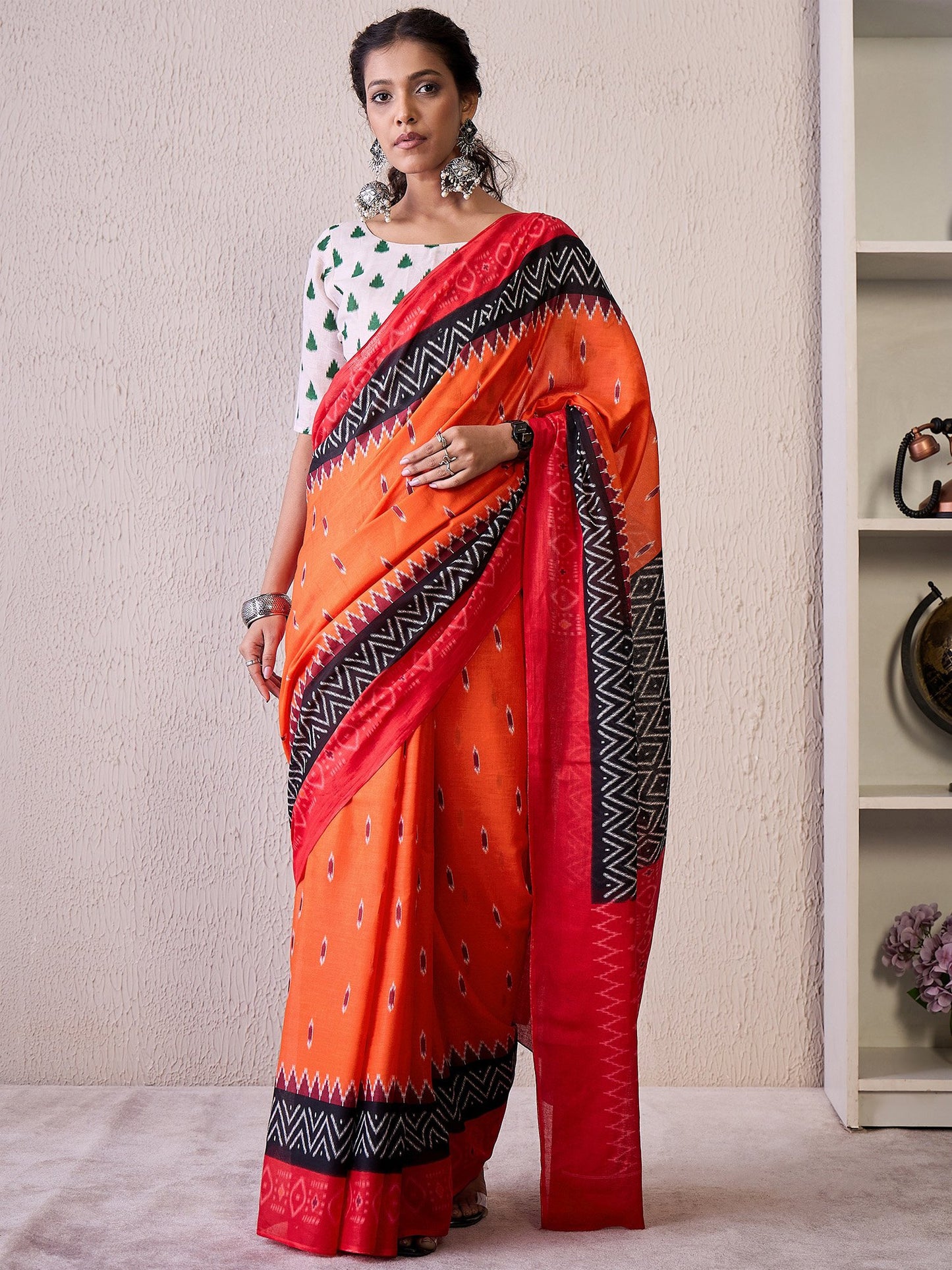 Orange Pochampally Cotton Blend Printed Saree