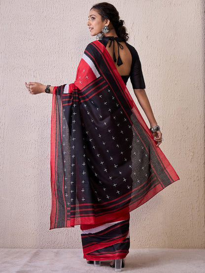 Red Pochampally Cotton Blend Printed Saree