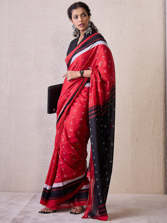 Red Red Pochampally Cotton Blend Printed Saree
