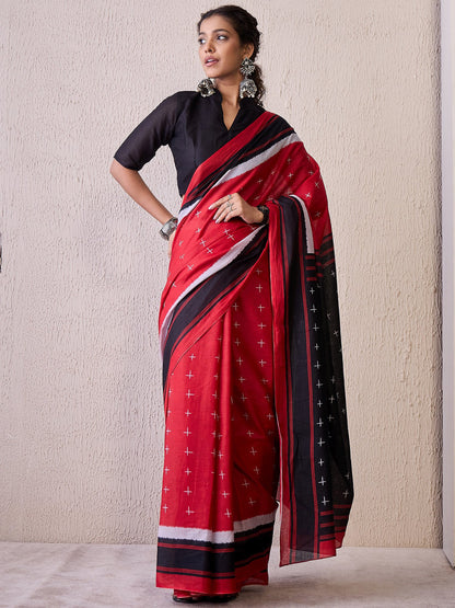 Red Pochampally Cotton Blend Printed Saree