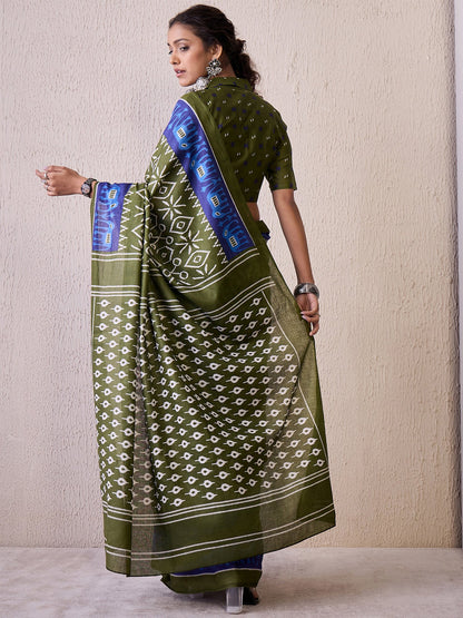 Olive Ikat Cotton Blend Printed Saree