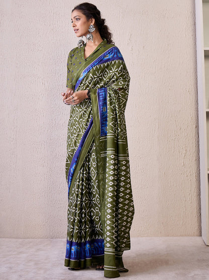 Olive Ikat Cotton Blend Printed Saree