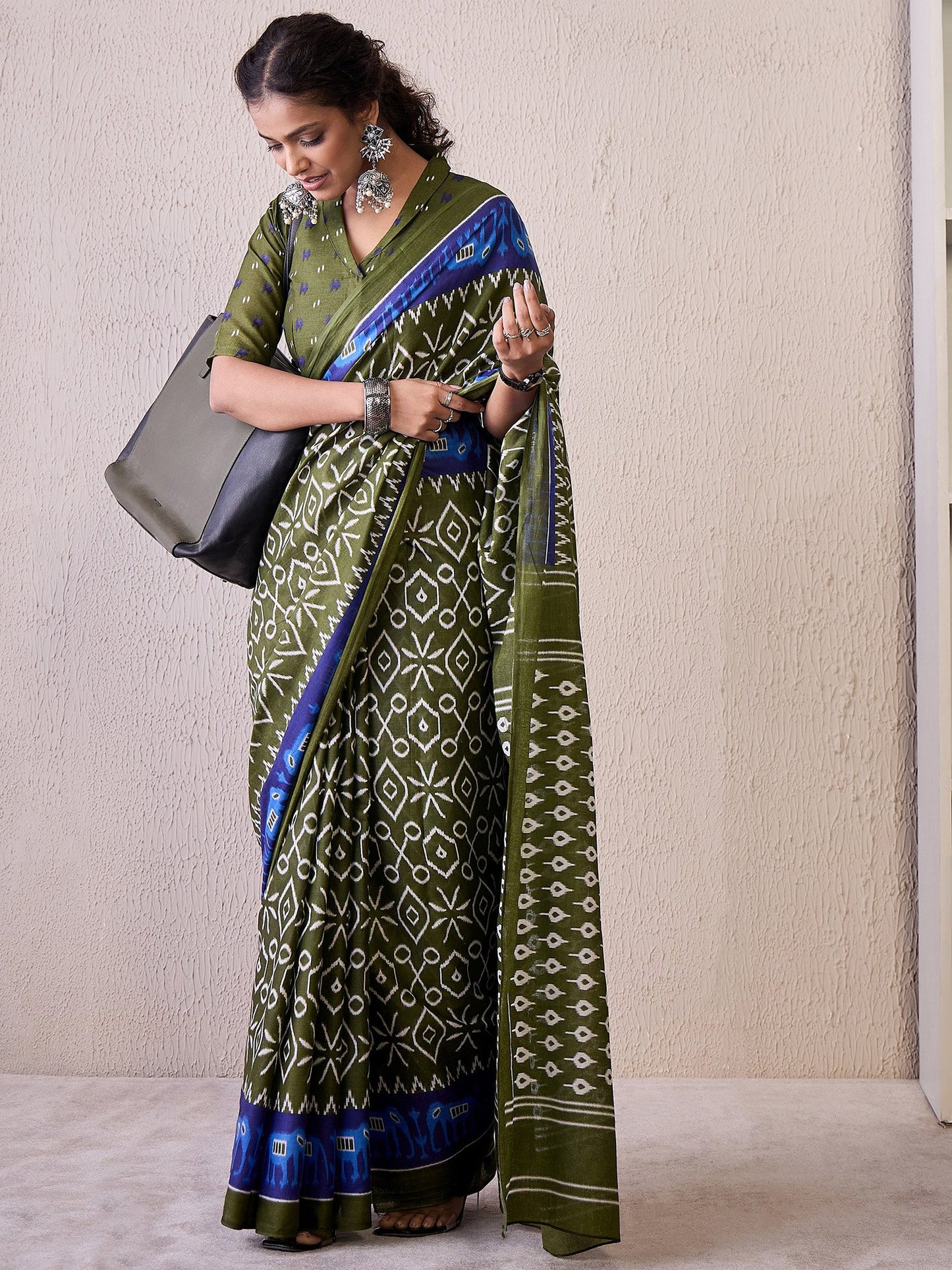Green Olive Ikat Cotton Blend Printed Saree