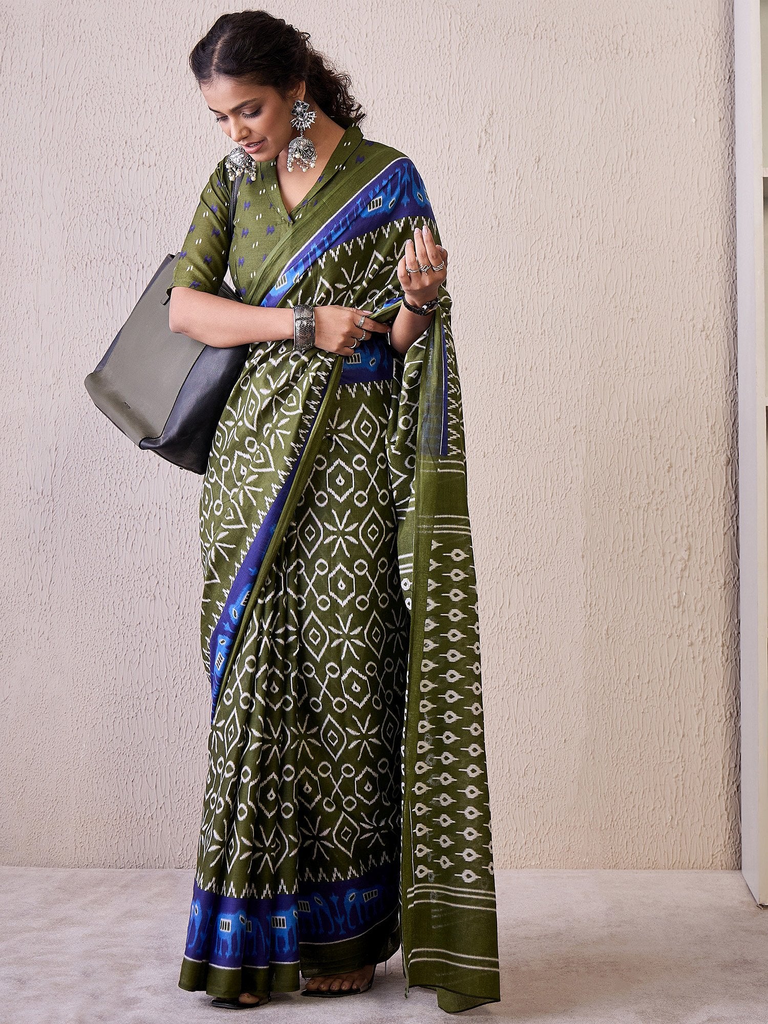 Green Olive Ikat Cotton Blend Printed Saree