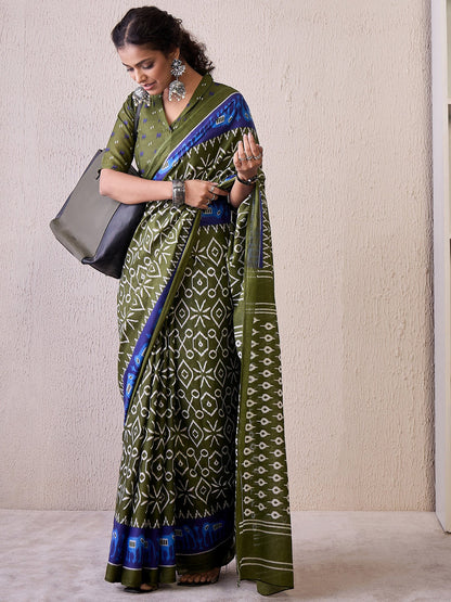 Green Olive Ikat Cotton Blend Printed Saree