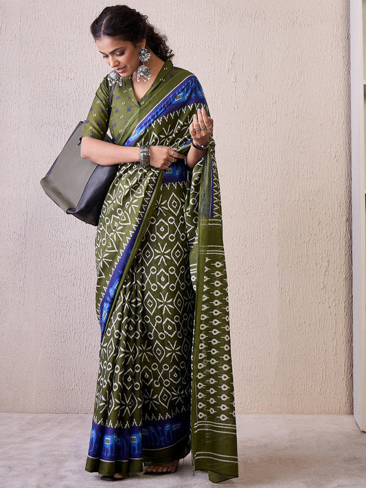 Green Olive Ikat Cotton Blend Printed Saree