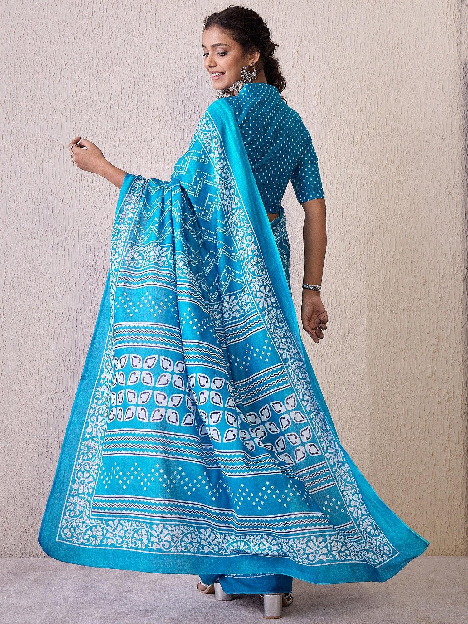 Light Bandhani Cotton Blend Printed Saree