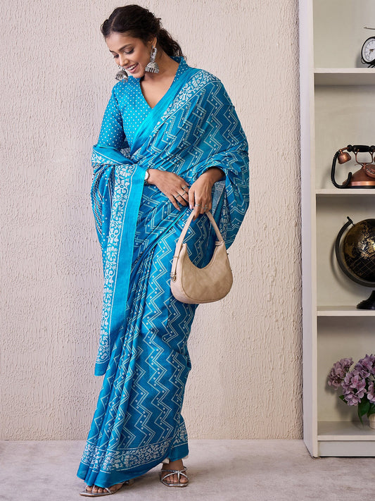 Blue  Light Bandhani Cotton Blend Printed Saree