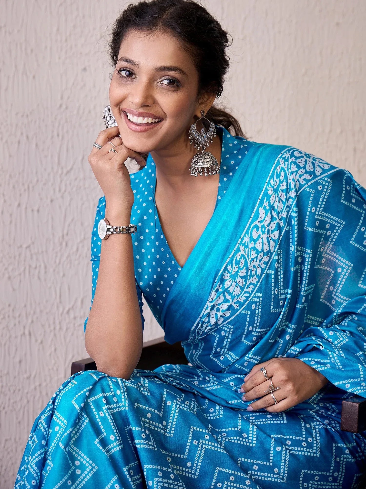 Light Bandhani Cotton Blend Printed Saree