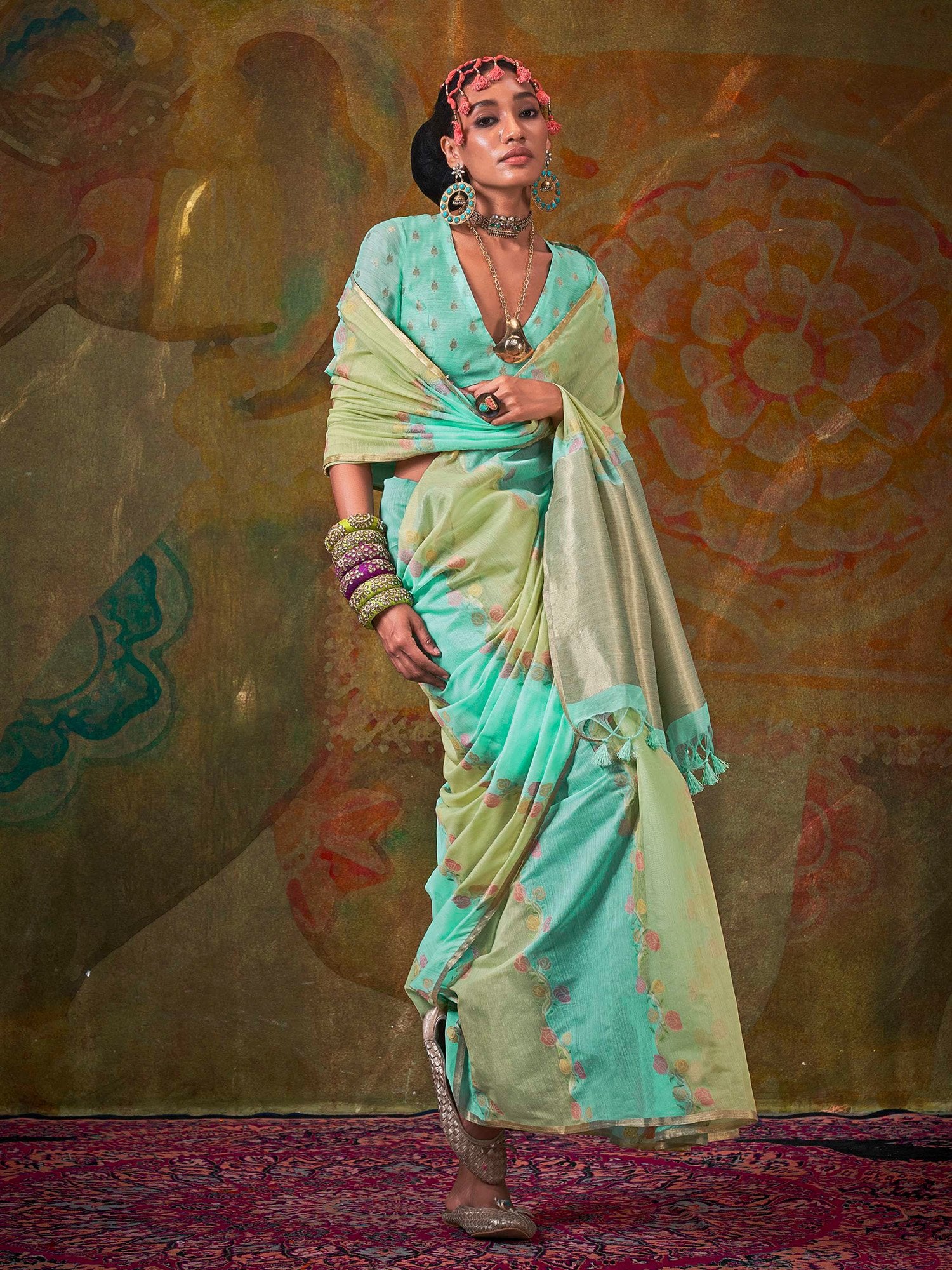 Blue Turquoise Jamdani Cotton Silk Woven Saree