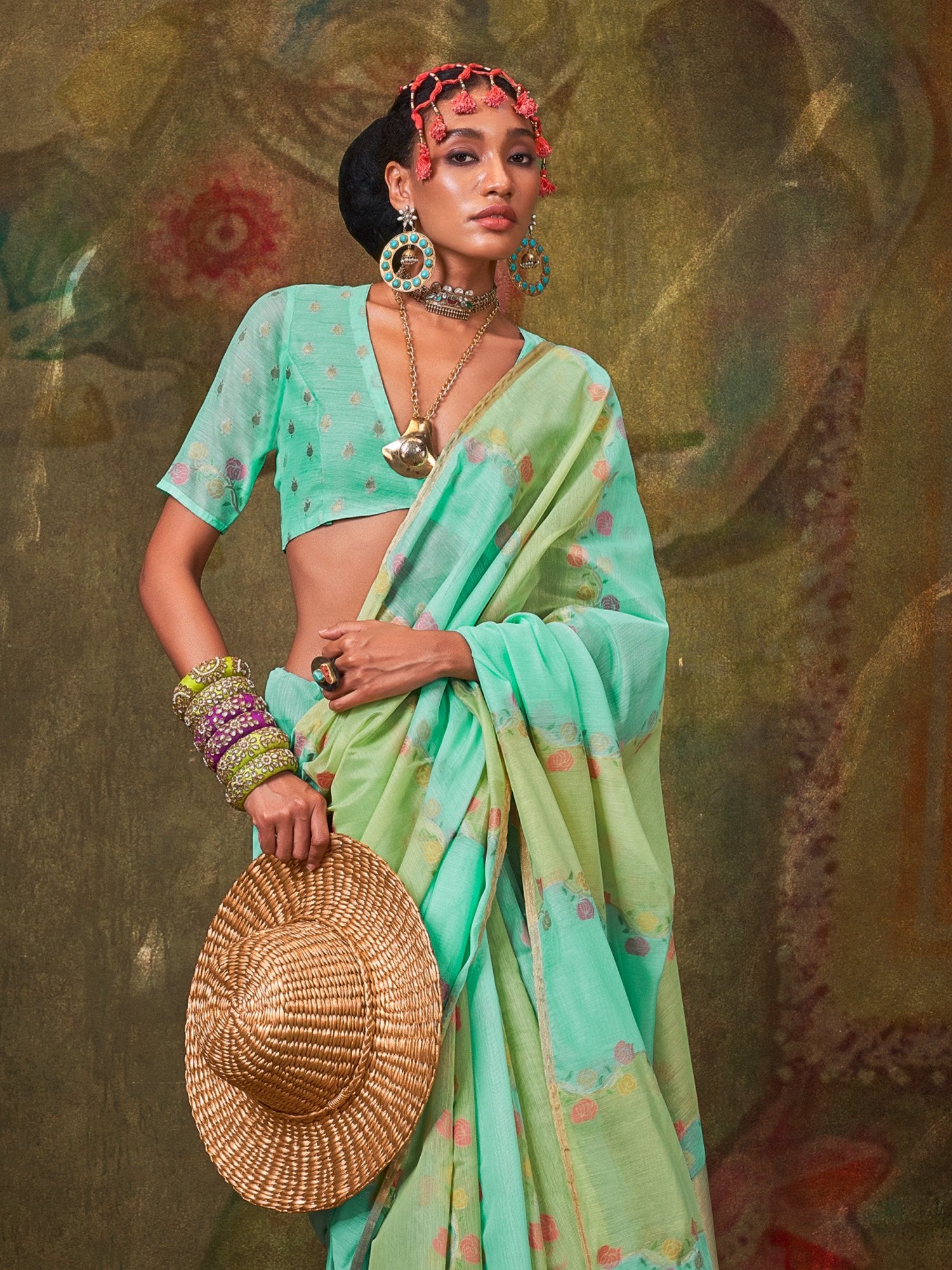 Turquoise Jamdani Cotton Silk Woven Saree