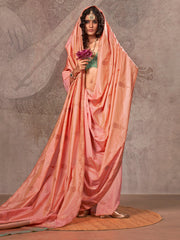 Pink Peach Jamdani Pure Silk Woven Saree