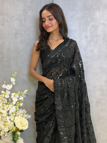 Black Party Wear Georgette Embellished Saree