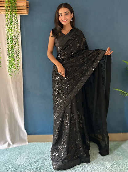 Black Black Party Wear Georgette Embellished Saree