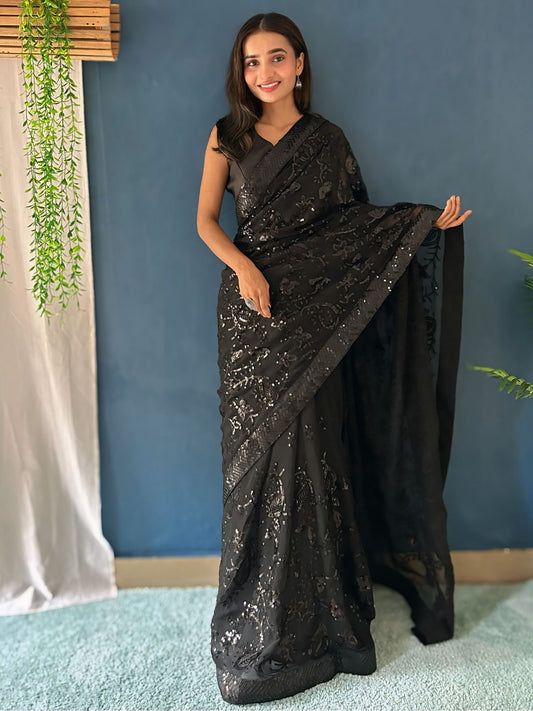 Black Black Party Wear Georgette Embellished Saree