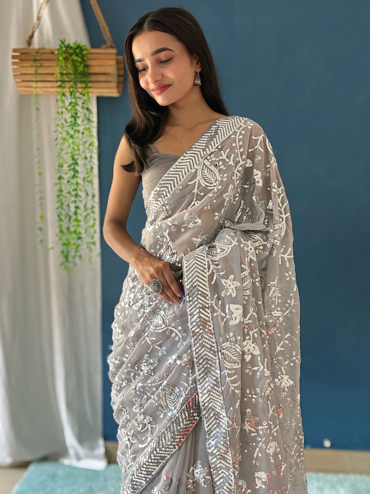Grey Party Wear Georgette Embellished Saree