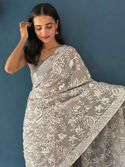 Grey Party Wear Georgette Embellished Saree