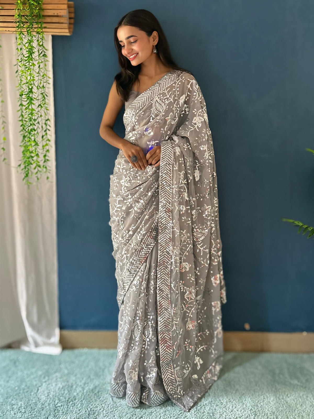 Grey Grey Party Wear Georgette Embellished Saree