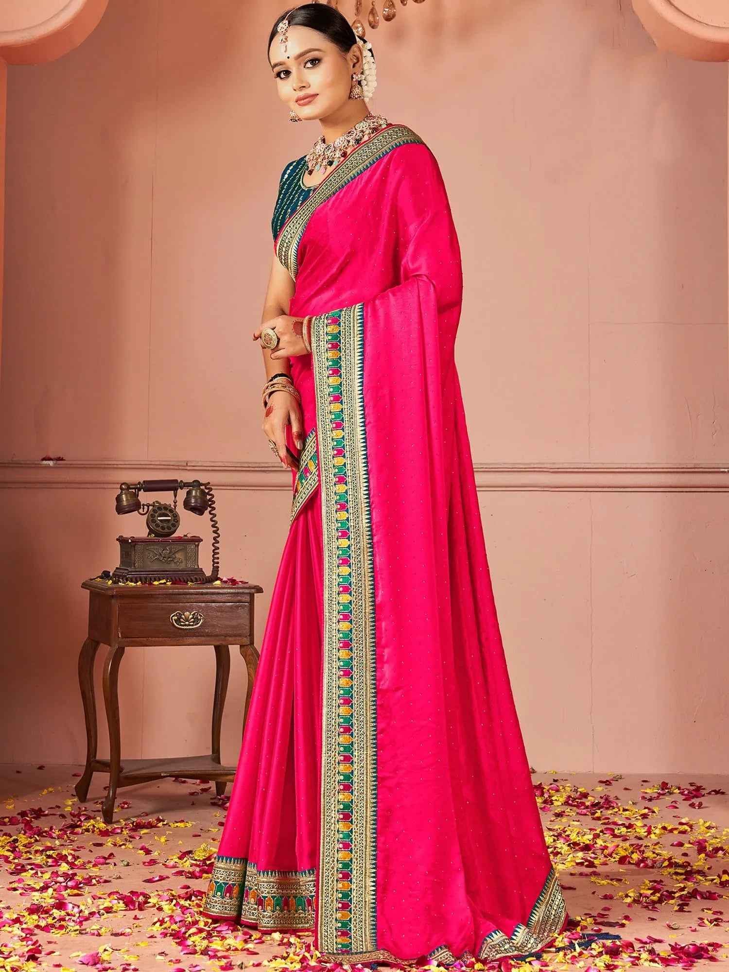 Pink Party Wear Vichitra Silk Zari Embroidered Saree