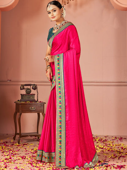 Pink Party Wear Vichitra Silk Zari Embroidered Saree