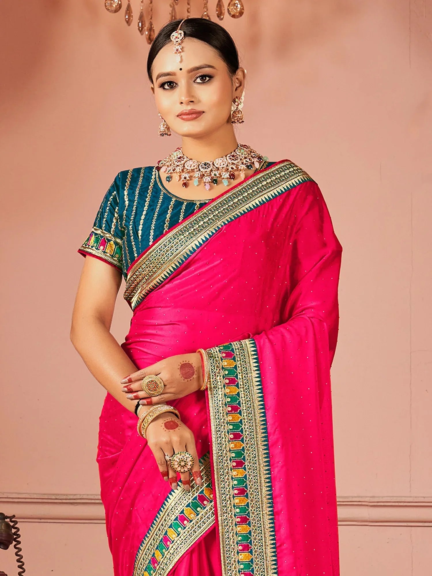 Pink Party Wear Vichitra Silk Zari Embroidered Saree