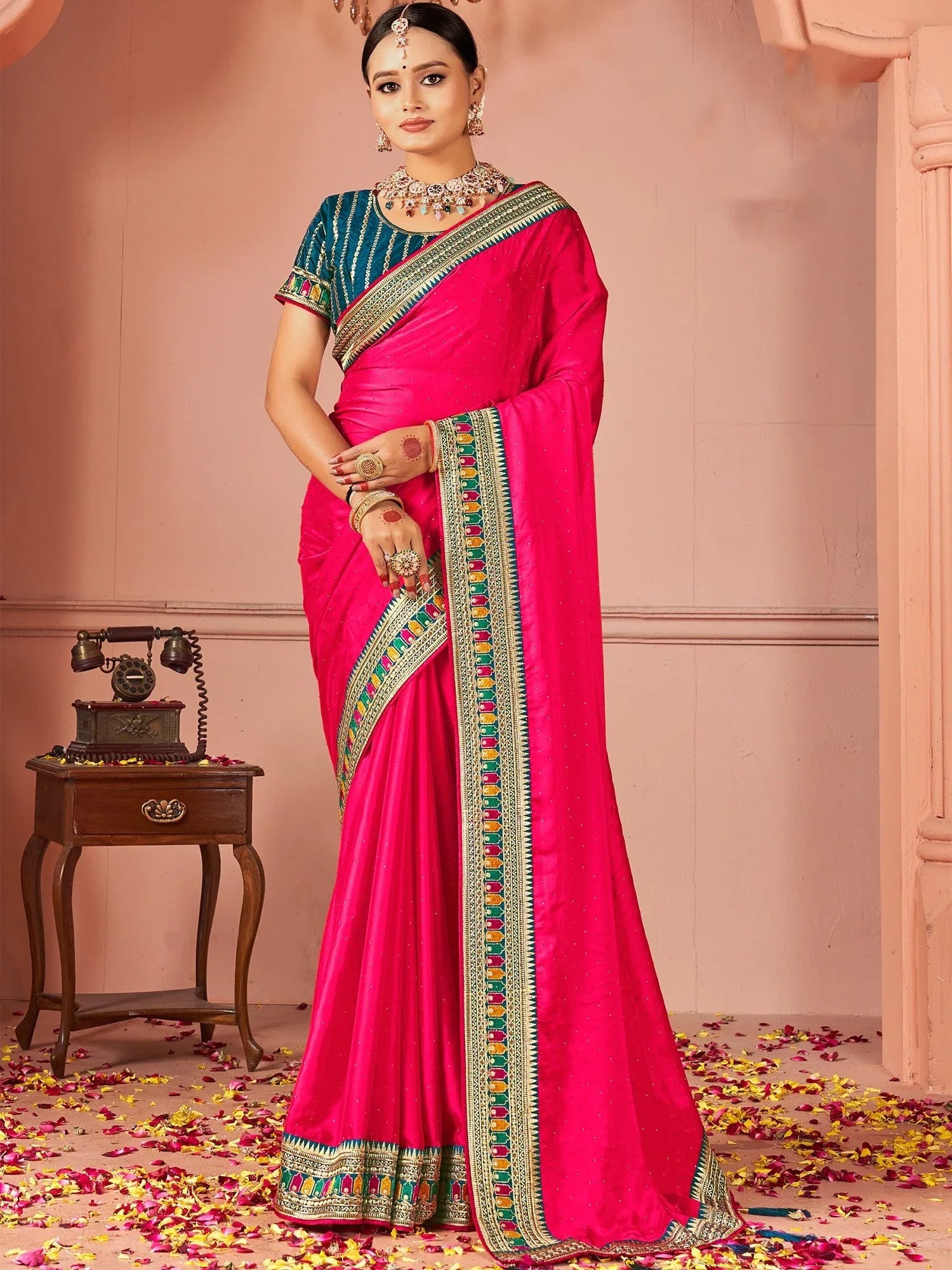 Pink Pink Party Wear Vichitra Silk Zari Embroidered Saree